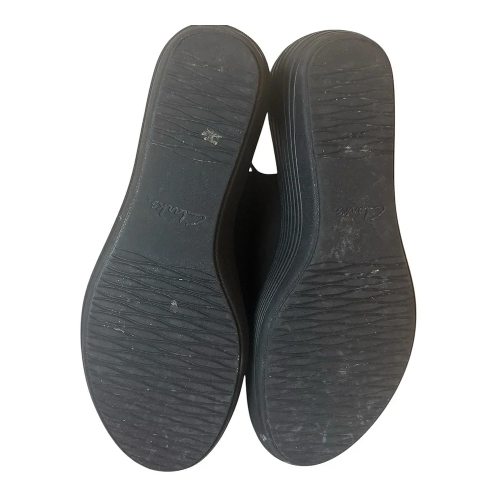 Clarks Reedly Shaina Wedge Sandals Black Leather Adjustable Straps Size 9.5